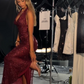 Vintage Burgundy Glittering Sequin Prom Dress Sheath Evening Dress Halter-neck Party Dress Long Formal Dress DP6873