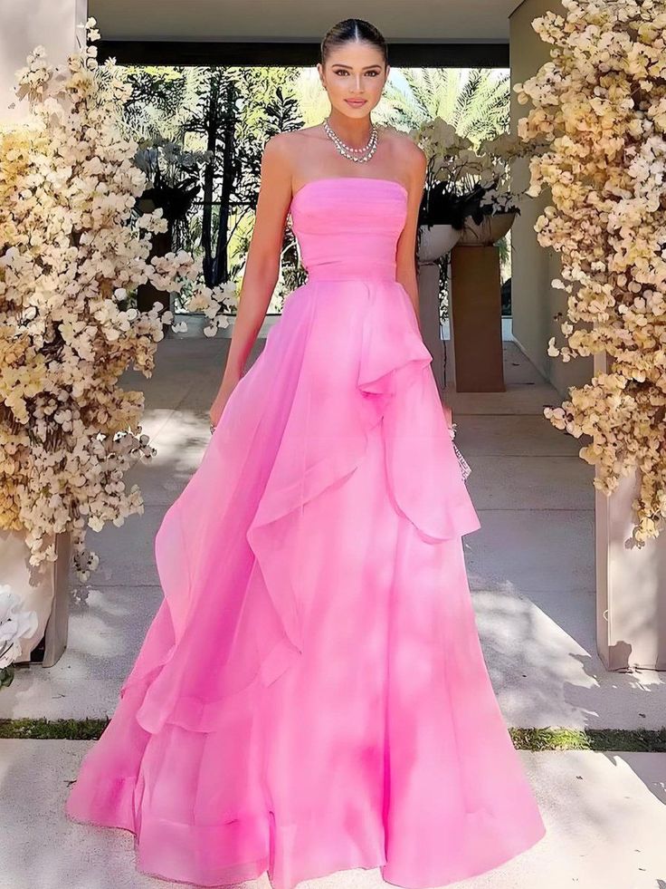 Elegant Strapless Pink Satin Bodice Organza Sweet 16 Quinceanera Ball Gown DP8273