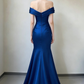 Elegant Royal Blue Off-the-Shoulder Satin Mermaid Beaded Prom Dress DP8791