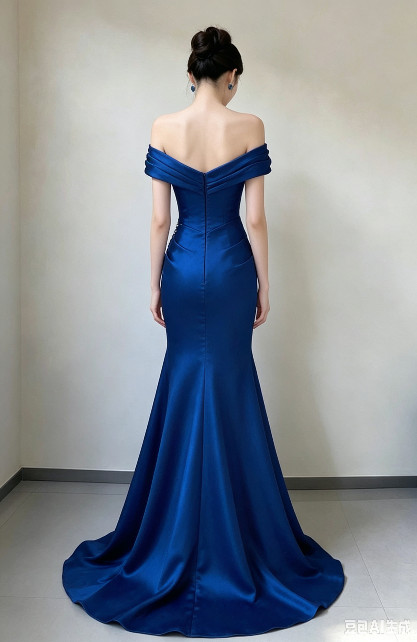 Elegant Royal Blue Off-the-Shoulder Satin Mermaid Beaded Prom Dress DP8791
