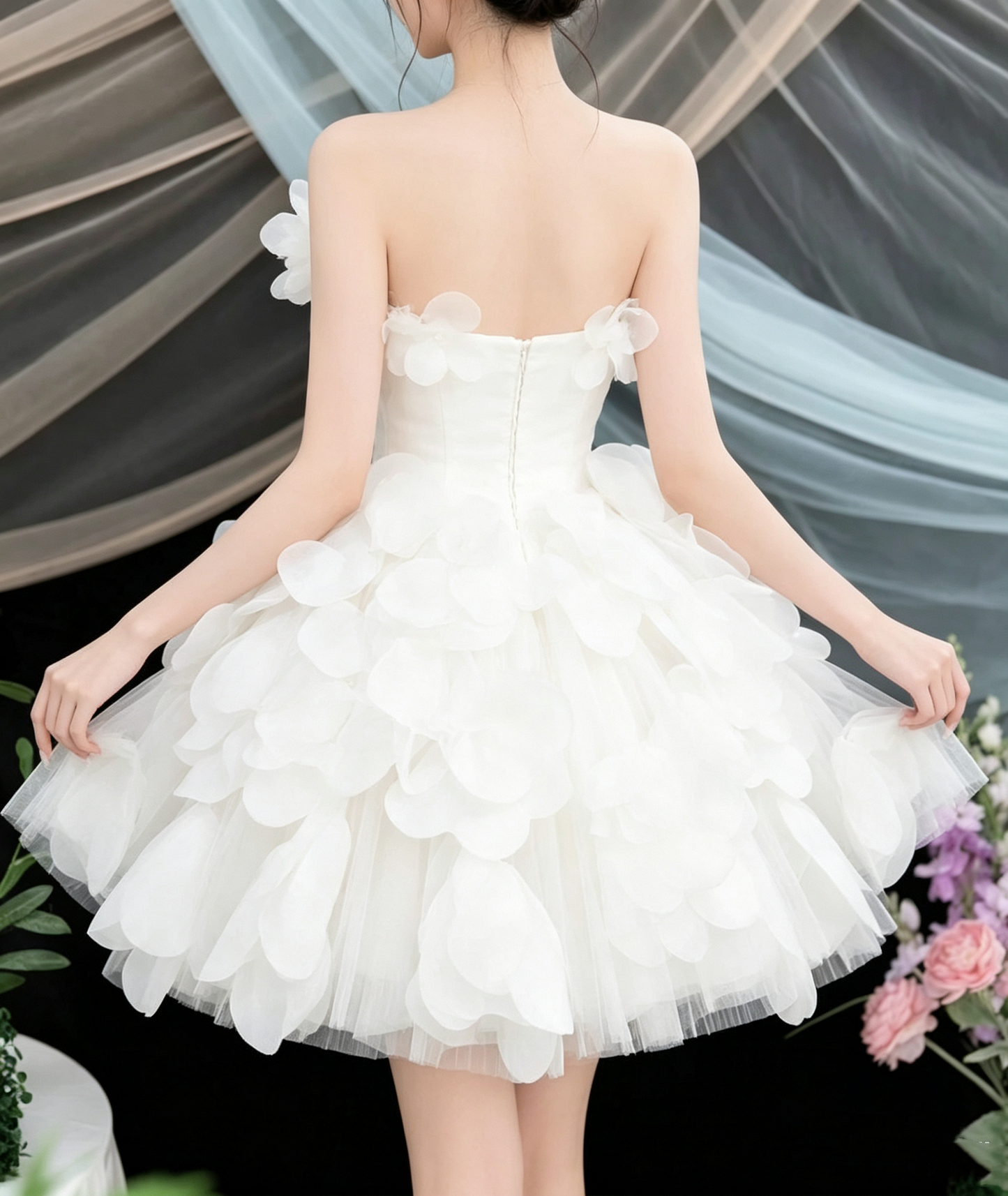 Cute White Strapless 3D Floral Petal A-Line Homecoming Dress DP8796