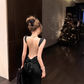 Elegantes schwarzes rückenfreies Meerjungfrau-Abendkleid mit Schleife, langes Abendkleid DP6405