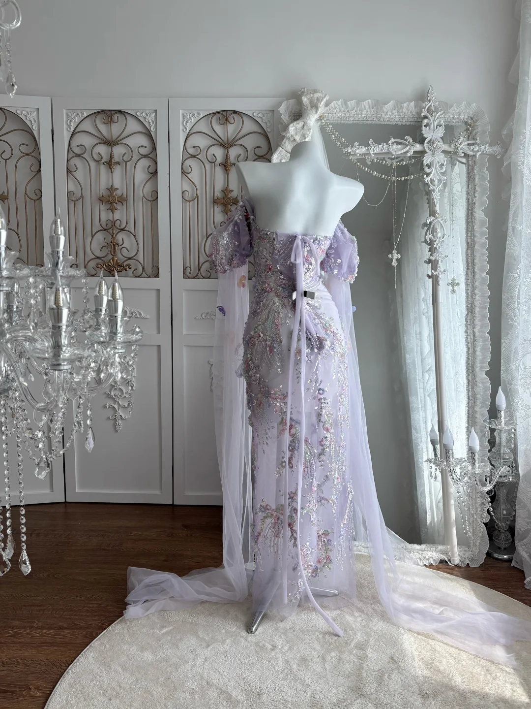 Glamorous Lavender Off-the-Shoulder Mermaid Prom Dress Tulle Puff Sleeve Beaded Evening Gown DP8131