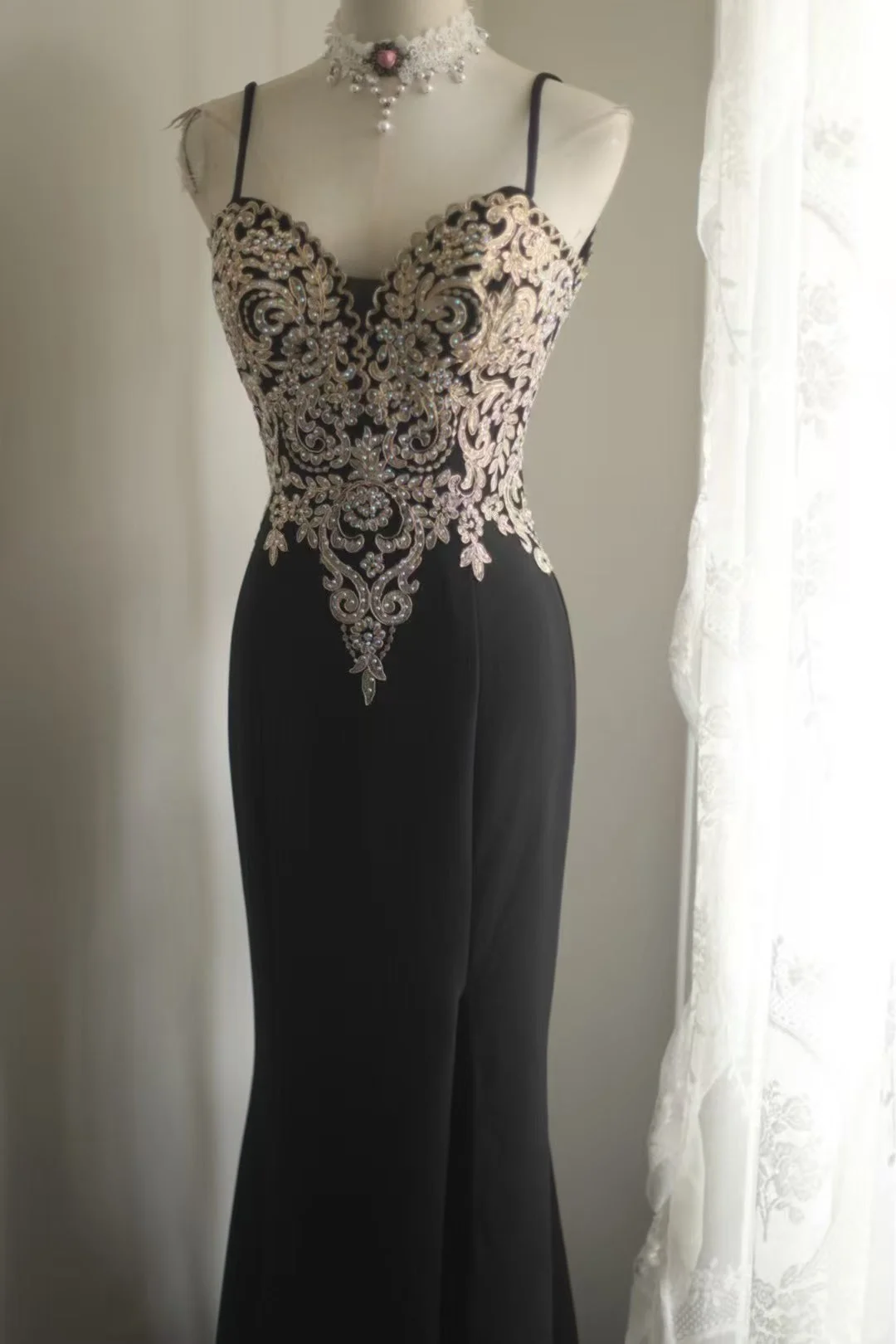 Glamorous Black & Champagne Lace Applique Spaghetti Strap High Slit Mermaid Prom Dress DP7646