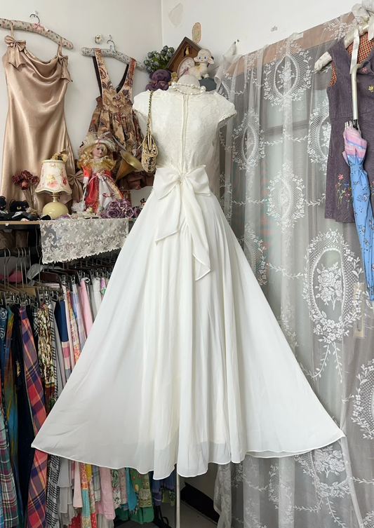 Vintage White Lace Chiffon A-Line Cap Sleeves Evening Dress DP8317