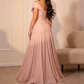 Glamorous Pink Off Shoulder Ruched Bodice A-Line Long Prom Dress DP8417