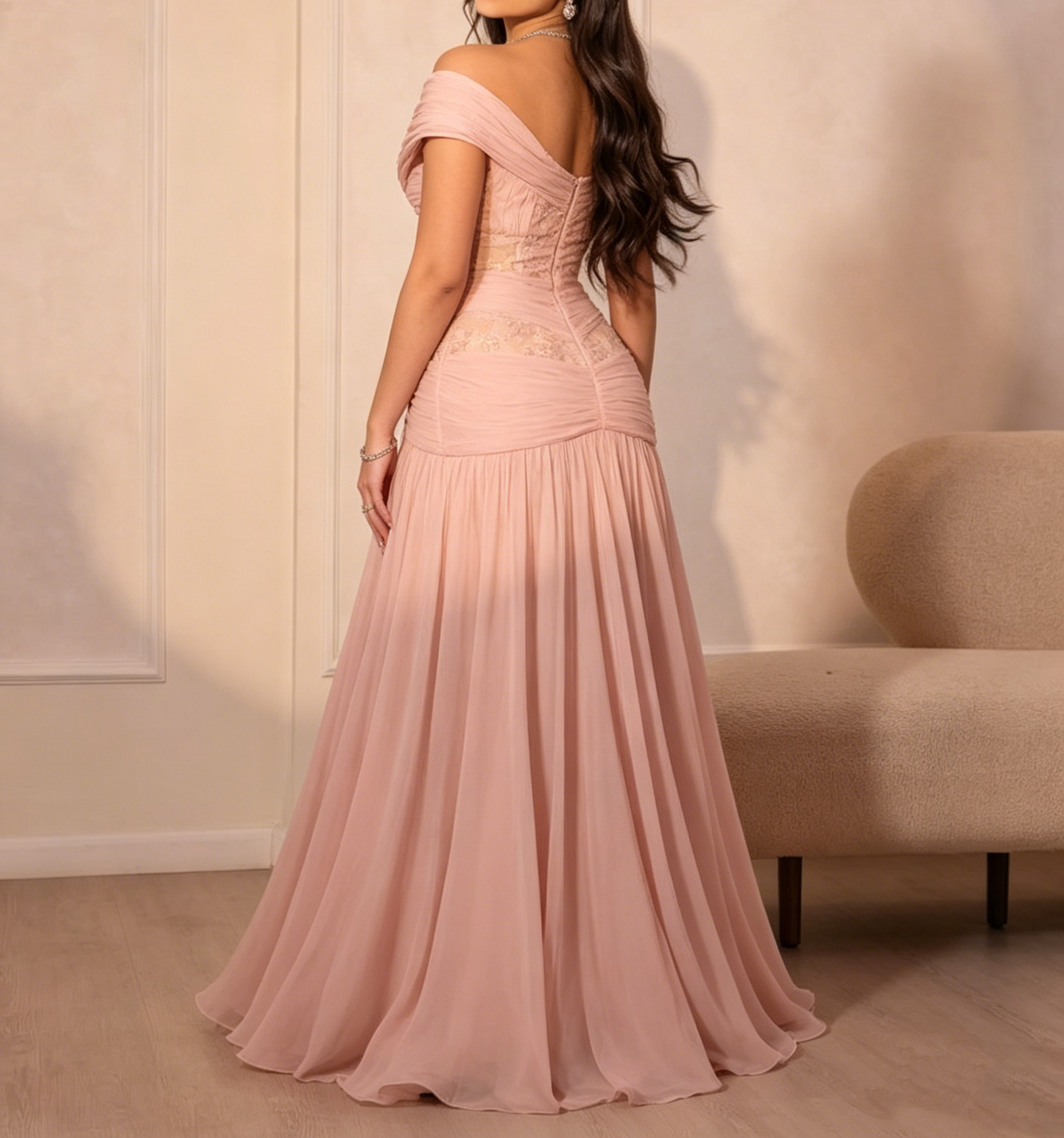 Glamorous Pink Off Shoulder Ruched Bodice A-Line Long Prom Dress DP8417