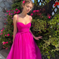 Elegant Fuchsia Spaghetti Strap Sweetheart Tulle A-Line Midi Evening Dress DP8093