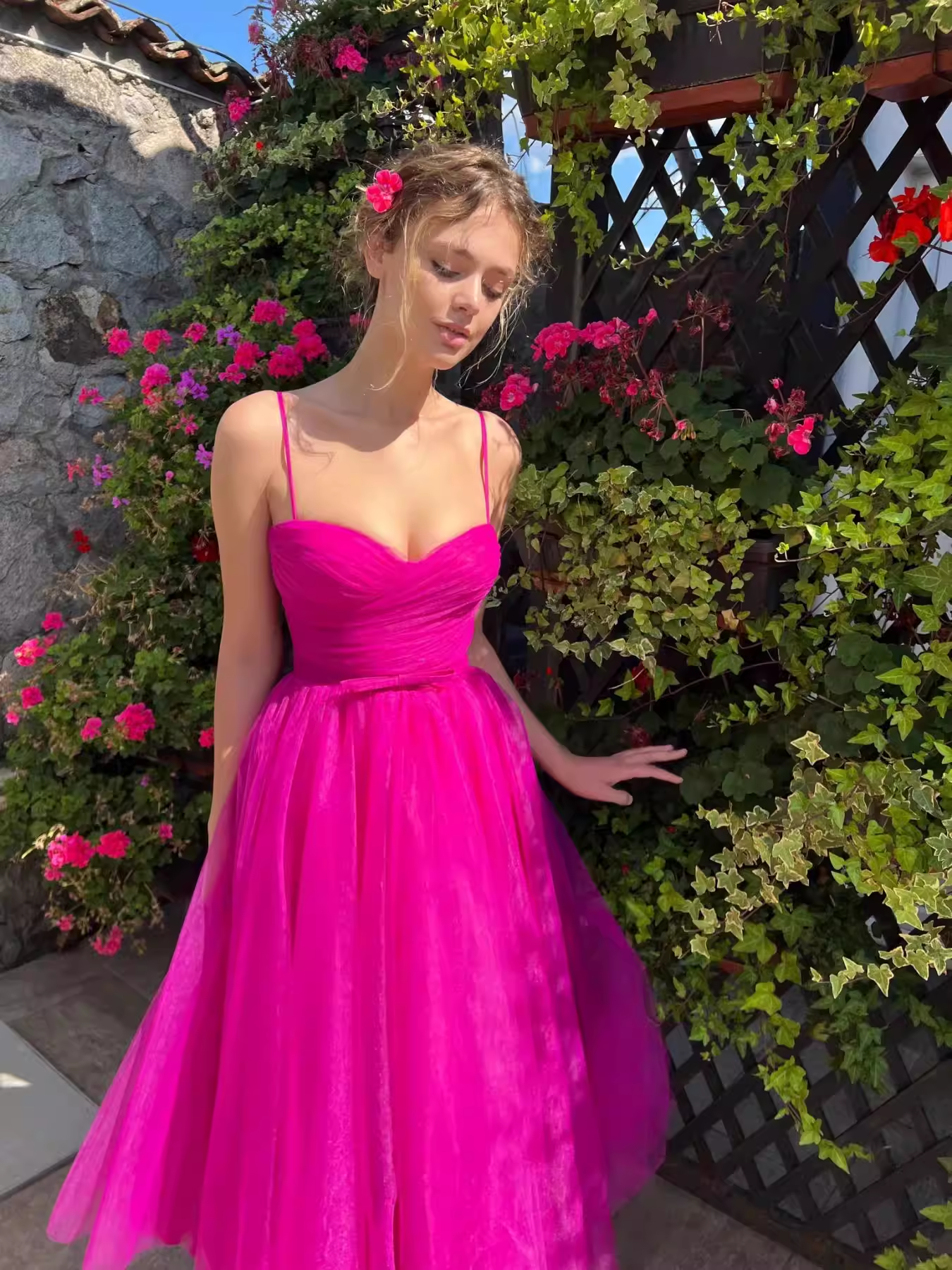 Elegant Fuchsia Spaghetti Strap Sweetheart Tulle A-Line Midi Evening Dress DP8093