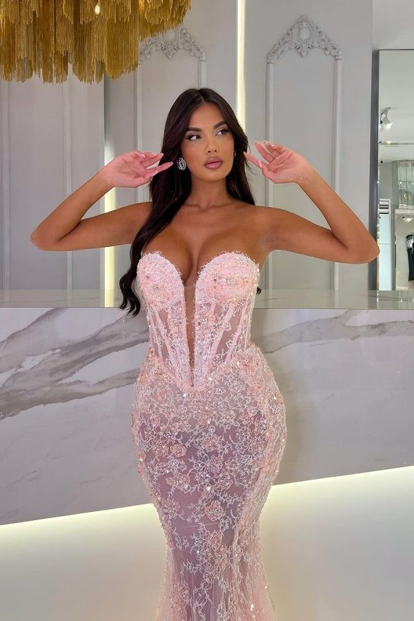 Enchanting Blush Pink Lace Mermaid Evening Gown with Plunge Neckline DP8017