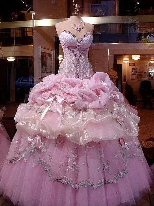 Rosa Herzausschnitt Prinzessin Rüschen Abendkleid Quinceanera Schnürung Korsett Ballkleid, DP5951