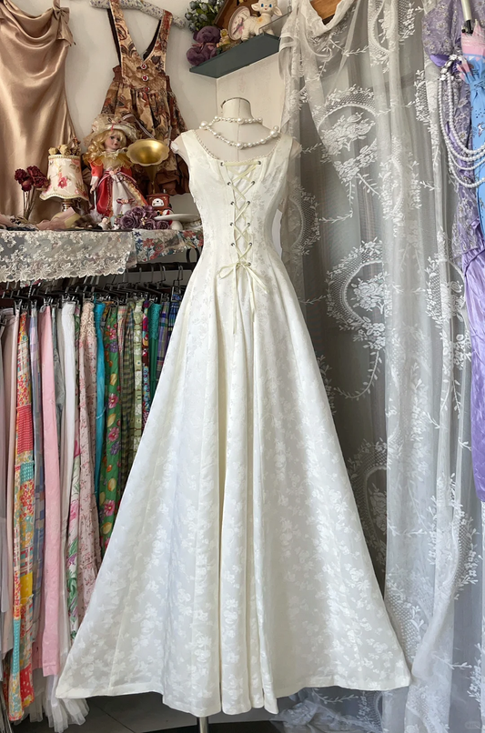 Vintage Ivory Floral Print A-Line Prom Dress Evening Dress DP6376