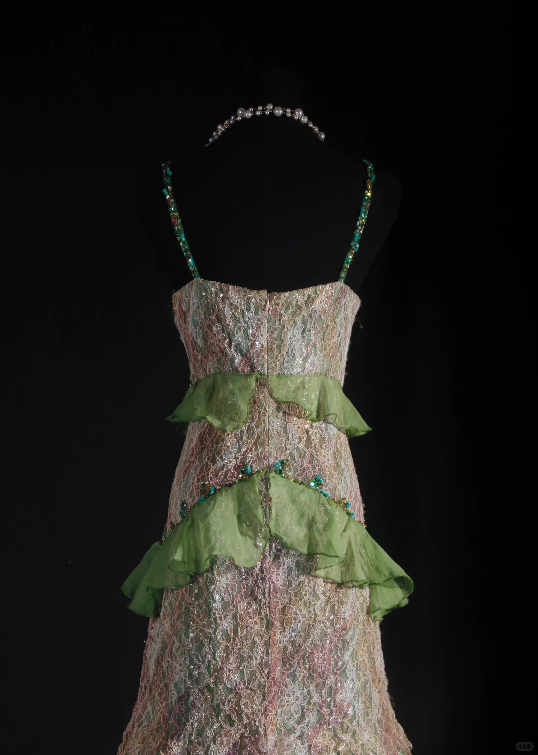 Glamorous Green Ombre Mermaid Sequin Beaded Ruffle Lace Spaghetti Strap Evening Gown DP7376