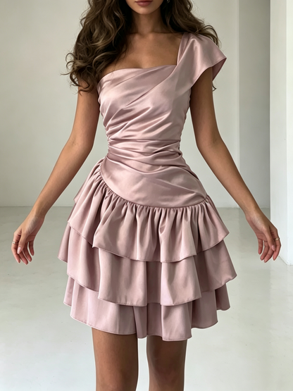 Elegant Pink One-Shoulder Satin Ruched Tiered Ruffle A-Line Homecoming Dress DP8692