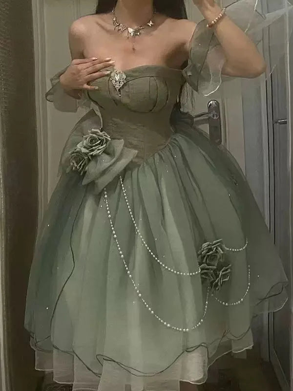 Beautiful Green Sweetheart Beaded 3D Flowers A-Line Tulle Party Dress Homecoming Dress DP6367