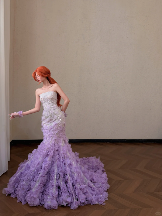 Sparkly Sequins Lavender Strapless 3D Floral Mermaid Evening Dress DP8310