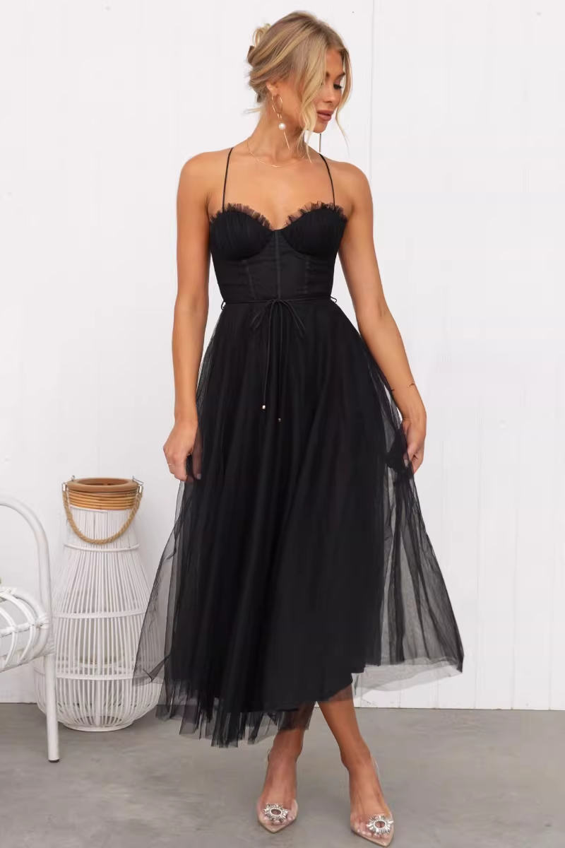 Vintage Tulle Sweetheart Spaghetti Straps Midi Evening Gown DP8143