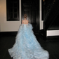 Wunderschönes glänzendes hellblaues trägerloses A-Linien-Tüll-Brautkleid, Ballkleid, Abendkleid DP6248