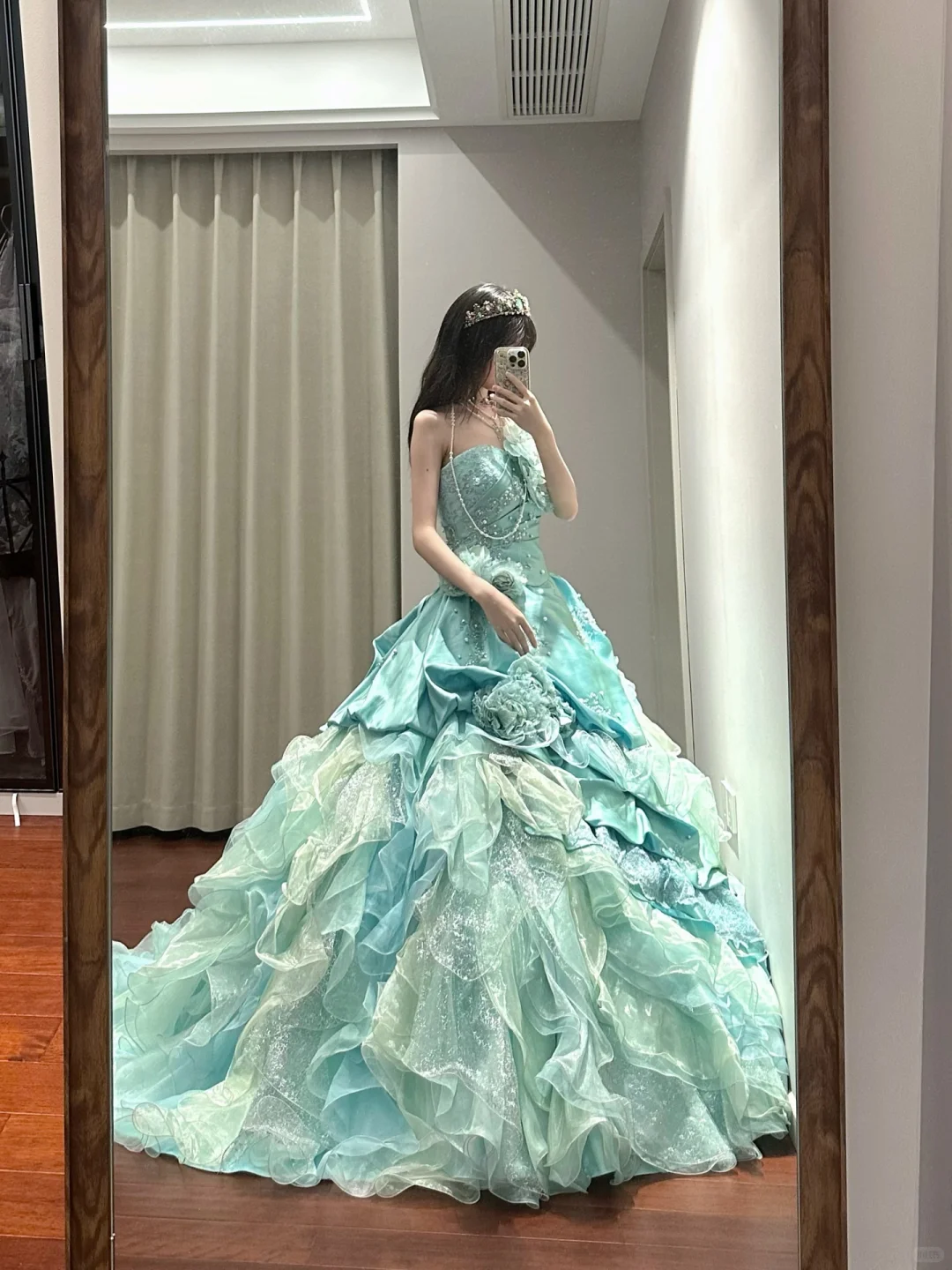 Glamorous Mint Green Tiered 3D Floral Strapless Princess Sweet 16 Quinceanera Ball Gown DP7545