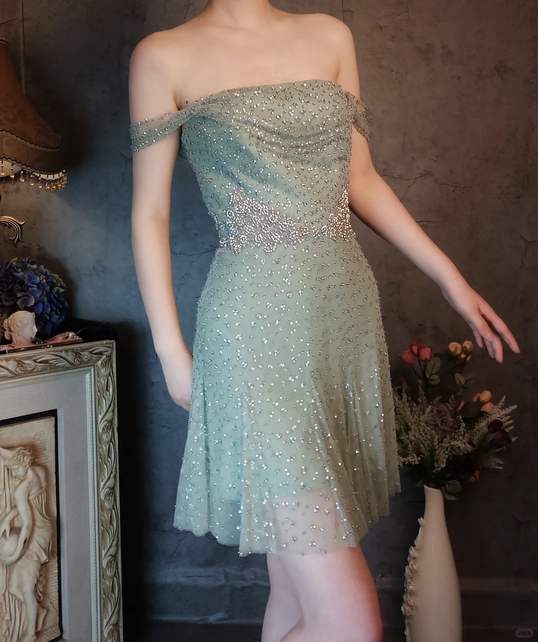 Vintage Light Green Off-the-shoulder Sparkling Beaded Design A-line Short Homecoming Dress DP6056