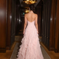 Elegant Pink Halter-Neck Lace Ruffle A-Line Evening Dress DP8704