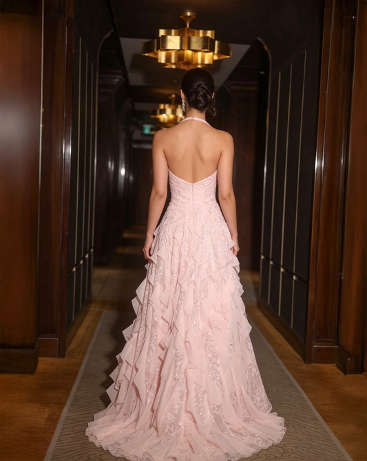 Elegant Pink Halter-Neck Lace Ruffle A-Line Evening Dress DP8704