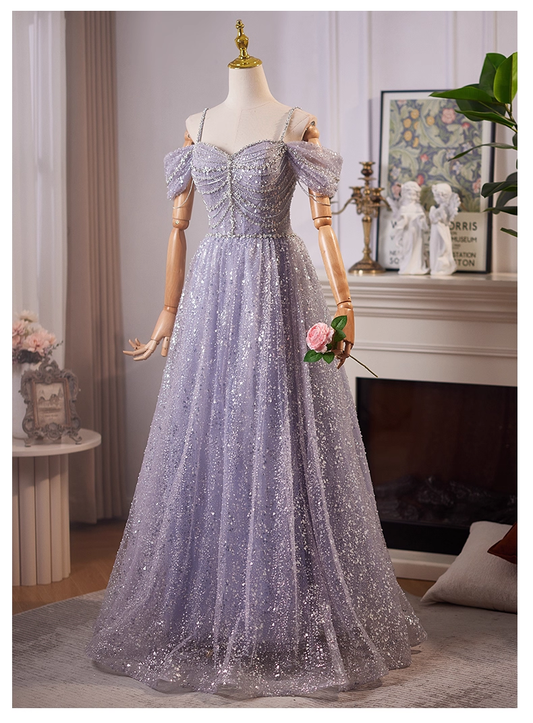 Vintage Haze Blue Sweetheart Sequin Prom Dress A-Line Evening Gown Off-the-shoulder Party Dress Long Formal Dress DP6954