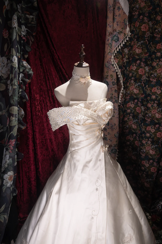 Glamorous Ivory Off-the-Shoulder Satin Floral Appliques Wedding Dress DP8346