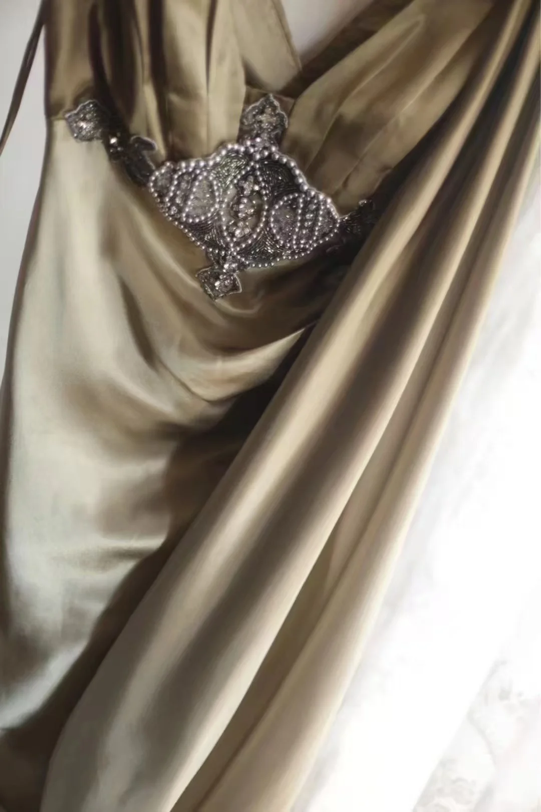 Glamorous Champagne Gold Satin Sleeveless V-Neck Embellished Waist & Ruched Prom Dress DP7640