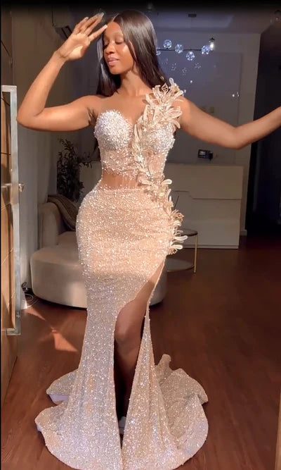 Wunderschönes trägerloses Ballkleid, glitzerndes, perlenbesetztes Abendkleid, hochgeschlitztes Partykleid, langes Abendkleid, DP6818
