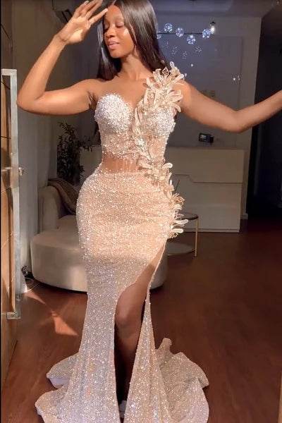 Wunderschönes trägerloses Ballkleid, glitzerndes, perlenbesetztes Abendkleid, hochgeschlitztes Partykleid, langes Abendkleid, DP6818