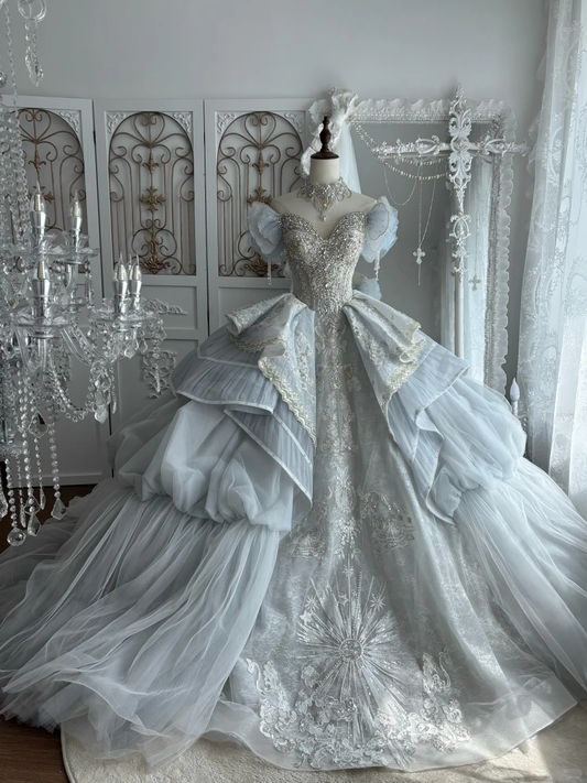 Elegant Luxury Ice Blue Wedding Dress Sweetheart Puff Sleeve Beaded Lace Tiered Tulle Quinceanera Ball Gown DP8133