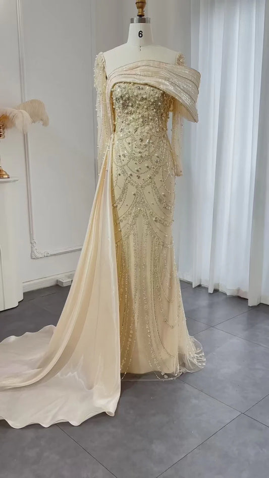 Vintage Glänzendes Perlenbesetztes Langarm-Meerjungfrauen-Abendkleid, DP6536