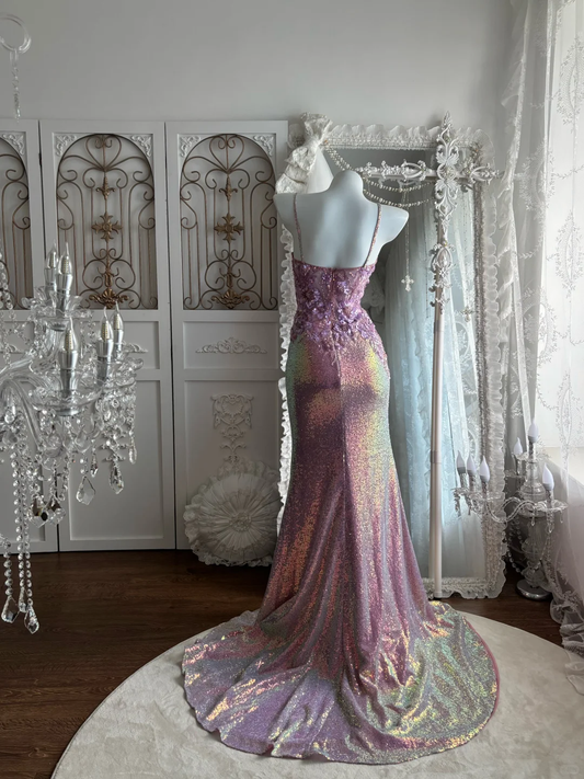 Sparkly Iridescent Pink Sequin Mermaid Evening Gown Floral Applique & Slit Prom Dress DP8298