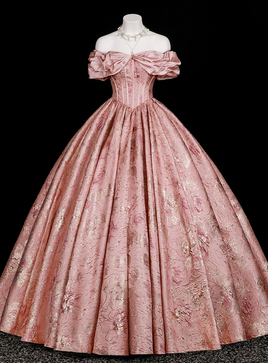 Vintage-rosa Satin-Ballkleid mit schulterfreiem Ausschnitt, floralem Brokatmuster und A-Linien-Schnitt für Sweet 15 Quinceañera DP7577