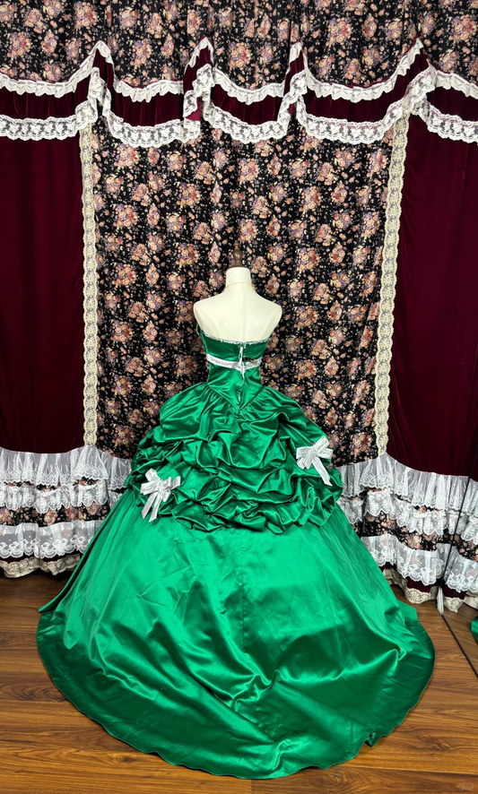Retro Grün Trägerlos Schleife A-Linie Satin Quinceanera Kleider Sweet 16 Geburtstag Ballkleider, DP5917