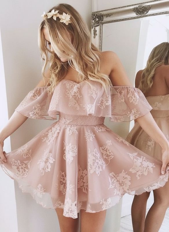Vintage Pink Off-the-Shoulder Lace Ruffle A-Line Homecoming Dress DP8498