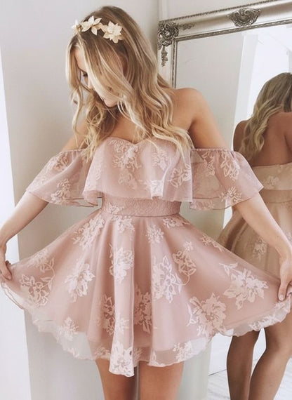 Vintage Pink Off-the-Shoulder Lace Ruffle A-Line Homecoming Dress DP8498