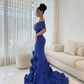 Robe de bal sirène vintage bleu roi à épaules dénudées avec traîne florale 3D DP8409