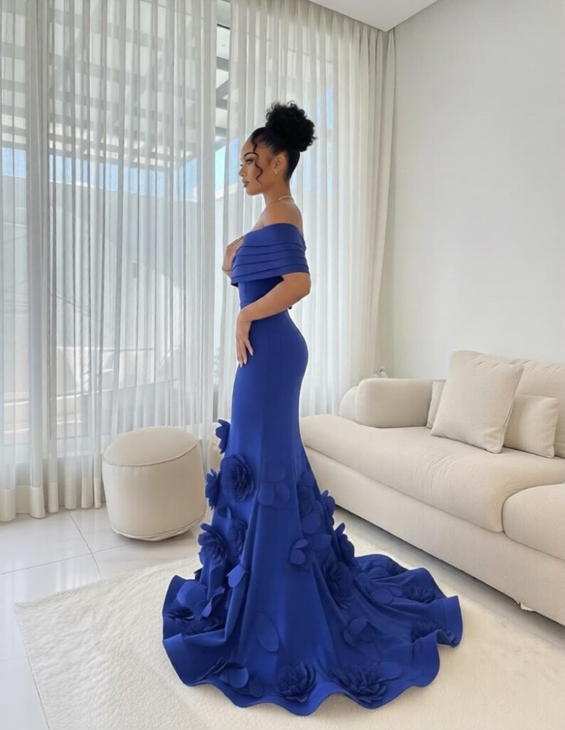 Robe de bal sirène vintage bleu roi à épaules dénudées avec traîne florale 3D DP8409