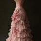 Chic Romantic Pink 3D Rose Appliques Tiered Ruffles Beaded Evening Gown DP7167