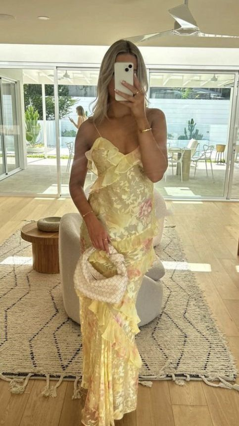 Spaghetti Straps Floral Lace Ruffle Prom Dress Birthday Outfits DP3942