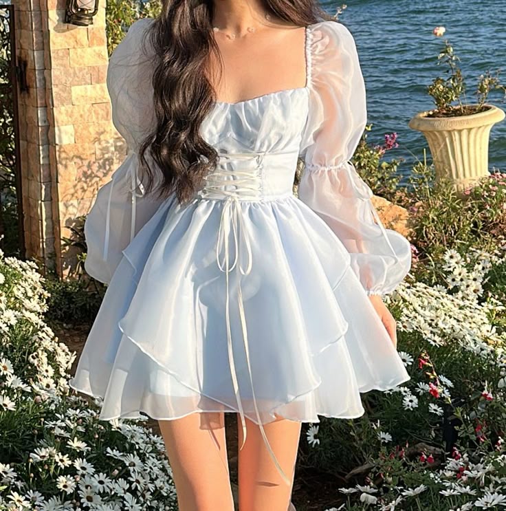 Lovely Light Blue Square Neck Puff Sleeve Homecoming Dress Tiered Tulle Mini Party Gown DP8261