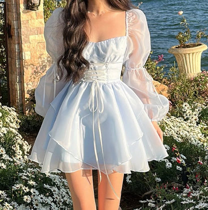 Lovely Light Blue Square Neck Puff Sleeve Homecoming Dress Tiered Tulle Mini Party Gown DP8261