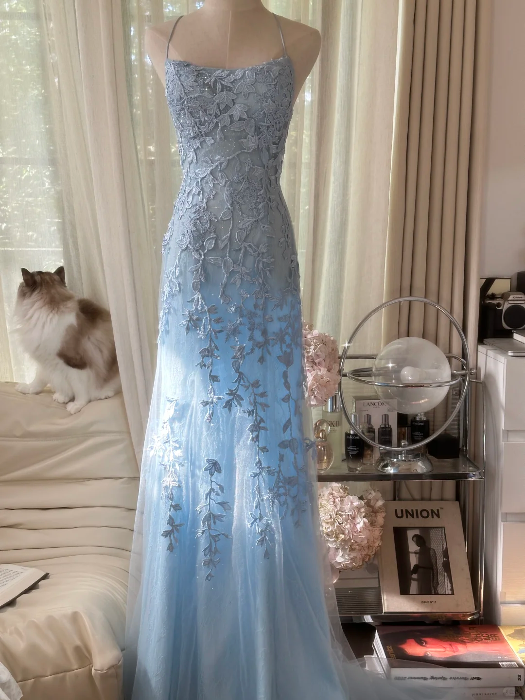 Retro Light Blue Applique Backless Design Romantic Chiffon Evening Dre –  DSProm
