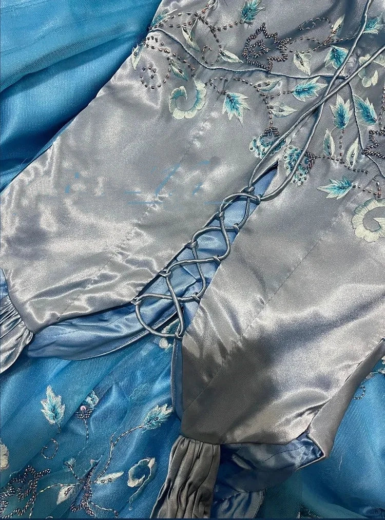 Elegant Ocean Blue Off-the-Shoulder Mermaid Satin & Embroidery Prom Dress DP8180