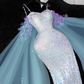 Vintage Shiny Sequined Sweetheart Spaghetti Strap Design Mermaid Prom Dress Evening Dress DP6219