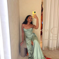 Sage Green Strapless Sheath Satin Long Formal Party Dress, DP4015