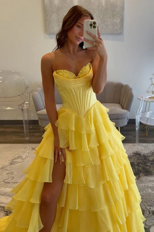 Elegant Strapless Sweetheart Tiered Evening Gown with High Slit DP7929