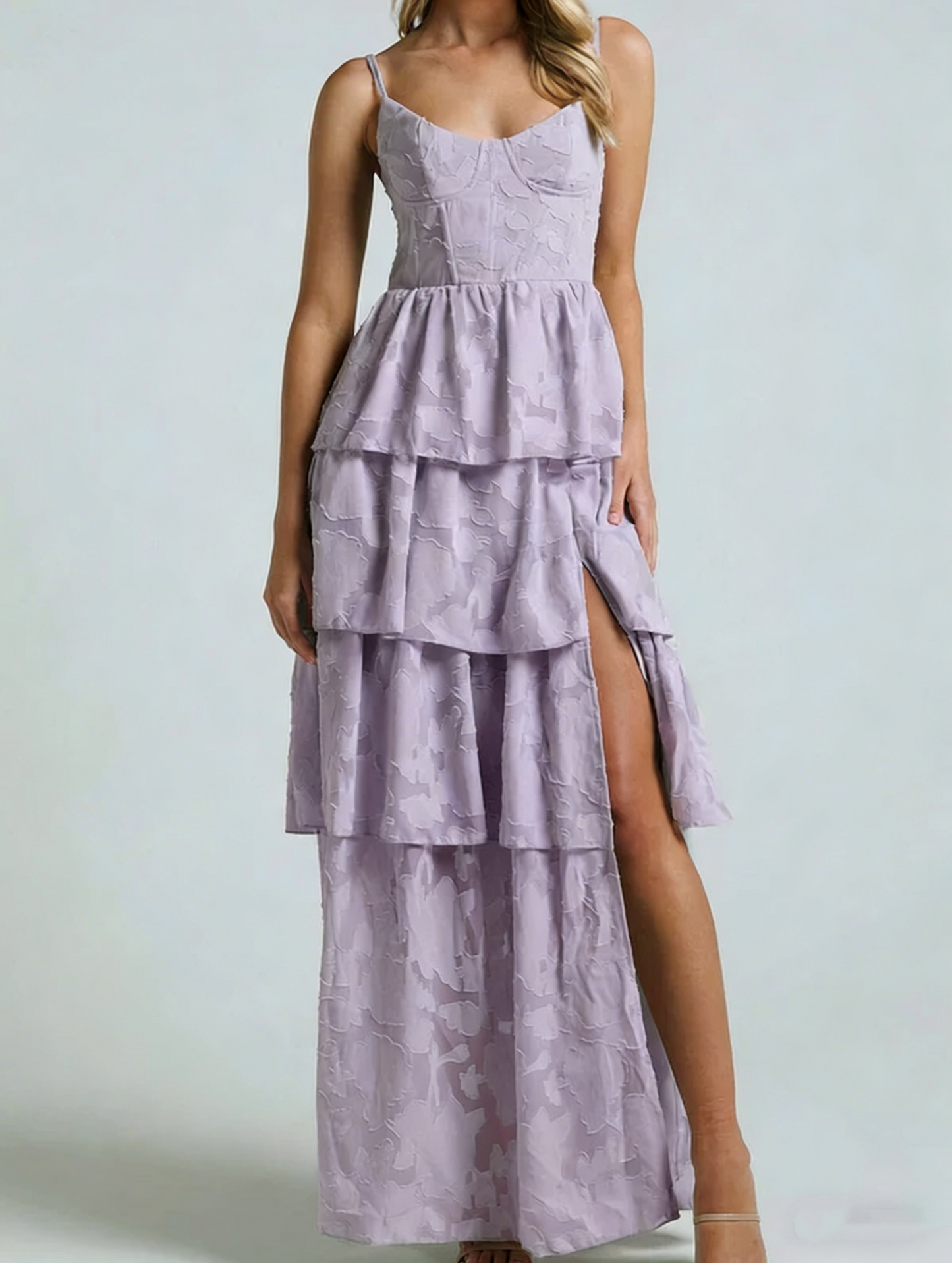 Glamorous Sage Green Jacquard Tiered Maxi Dress Slit Spaghetti Strap Formal Evening Gown DP2586